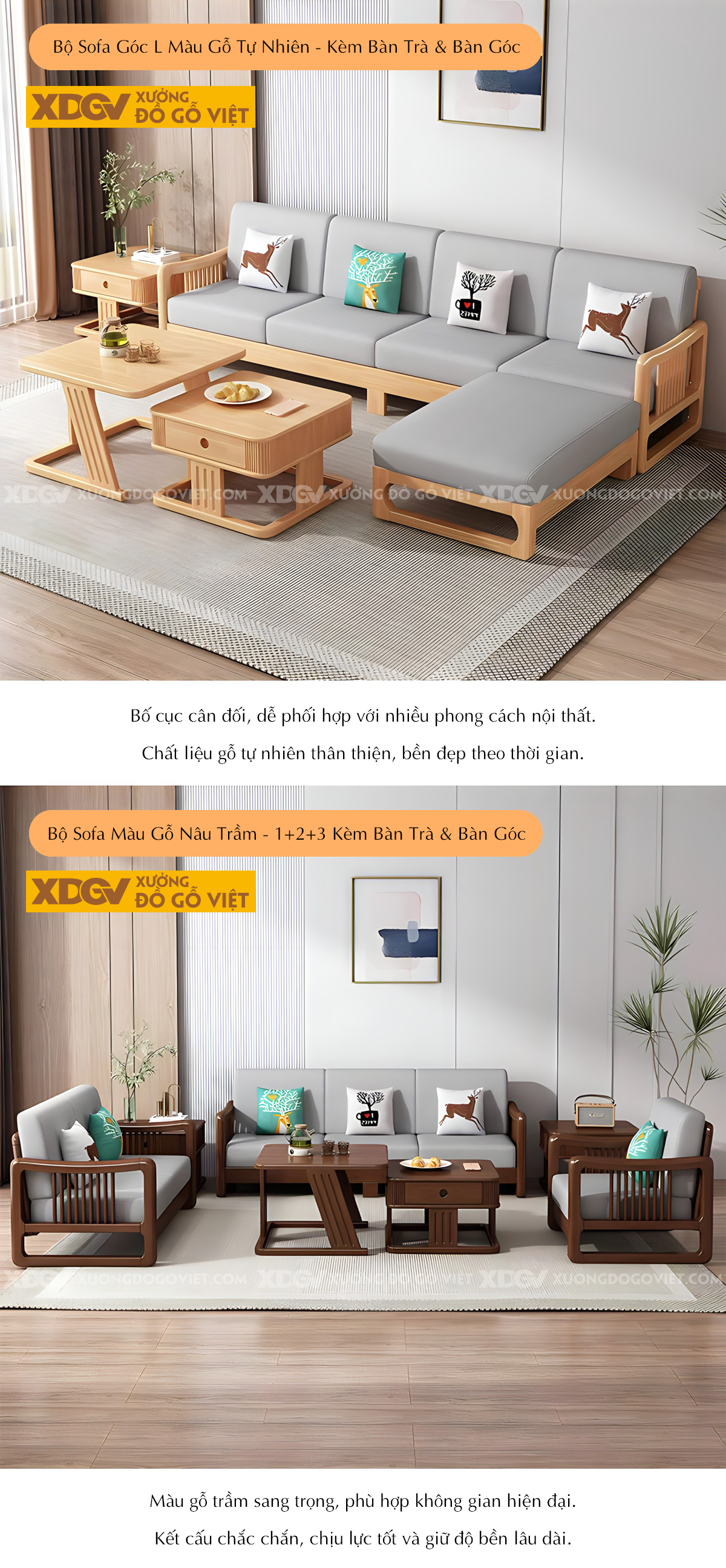 Bộ Sofa Gỗ Cao Su Tay Vịn Nan Dọc Bo Tròn Góc Liền Chân