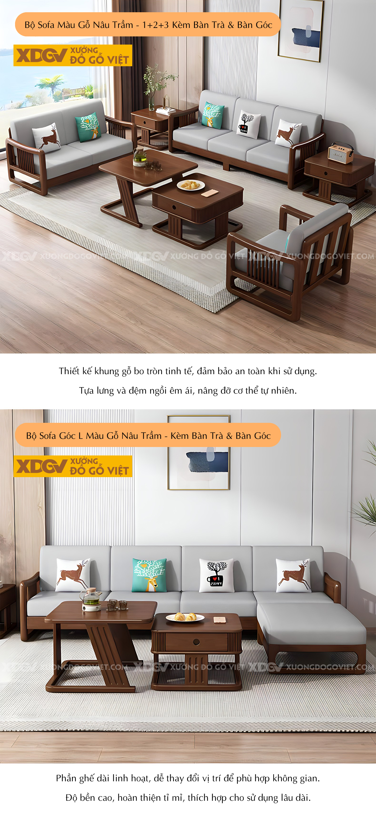 Bộ Sofa Gỗ Cao Su Tay Vịn Nan Dọc Bo Tròn Góc Liền Chân