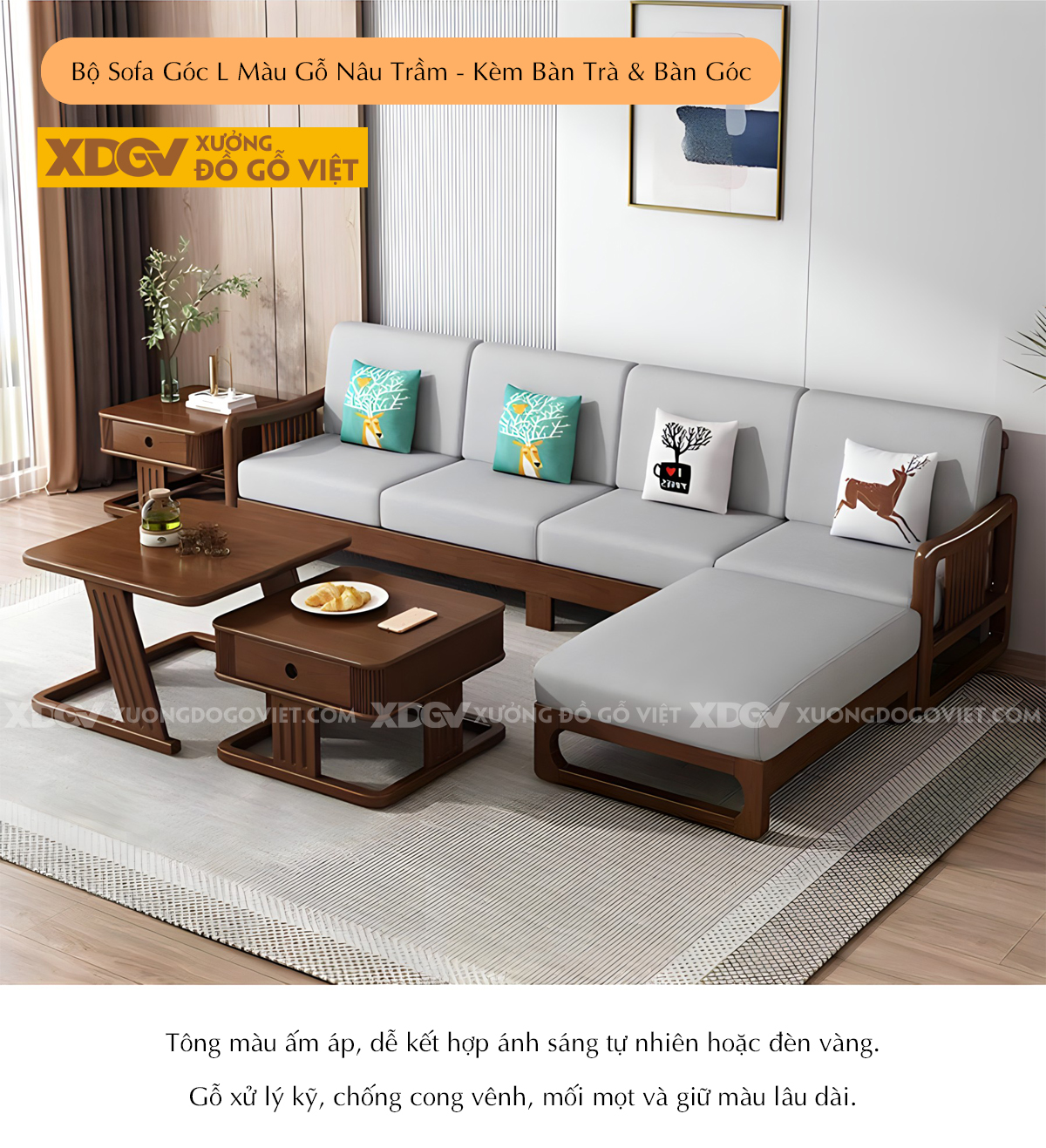 Bộ Sofa Gỗ Cao Su Tay Vịn Nan Dọc Bo Tròn Góc Liền Chân