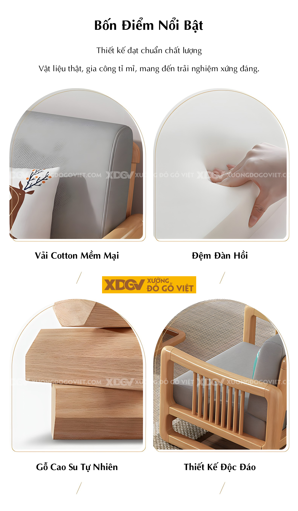 Bộ Sofa Gỗ Cao Su Tay Vịn Nan Dọc Bo Tròn Góc Liền Chân