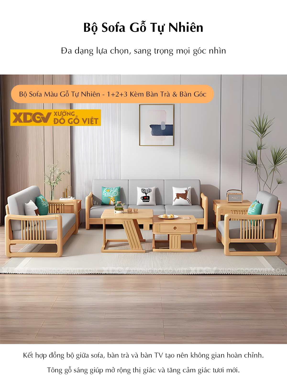 Bộ Sofa Gỗ Cao Su Tay Vịn Nan Dọc Bo Tròn Góc Liền Chân