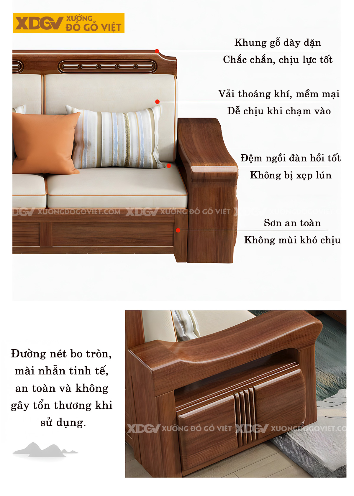 Bộ Sofa Gỗ Gõ Đỏ Hiện Đại Á Đông Tay Dày Uốn Lượn Sang Trọng