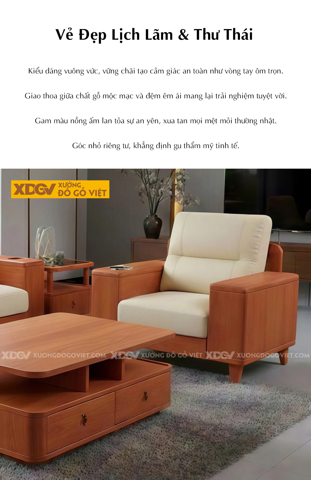 Bộ Sofa Gỗ Gõ Đỏ Sang Trọng Thiết Kế Tay Vuông Phối Ngăn Kéo