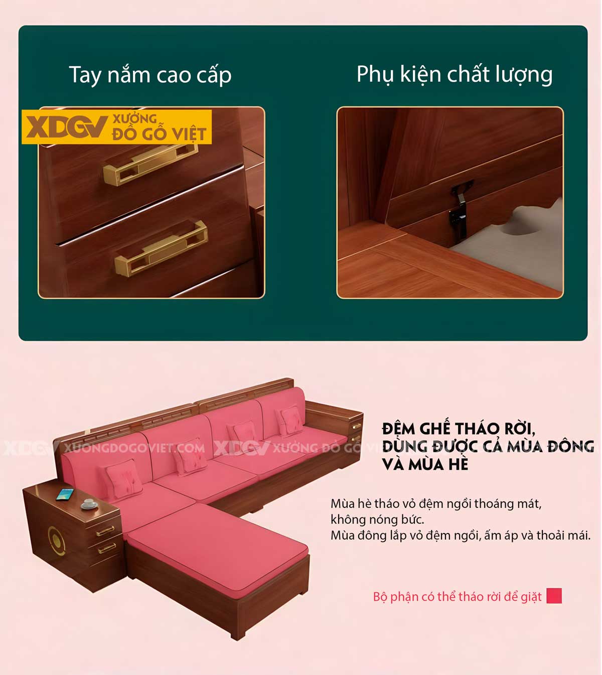 Bộ Sofa Gỗ Sồi Hiện Đại Á Đông Tay Tựa Ngăn Kéo Tiện Lợi