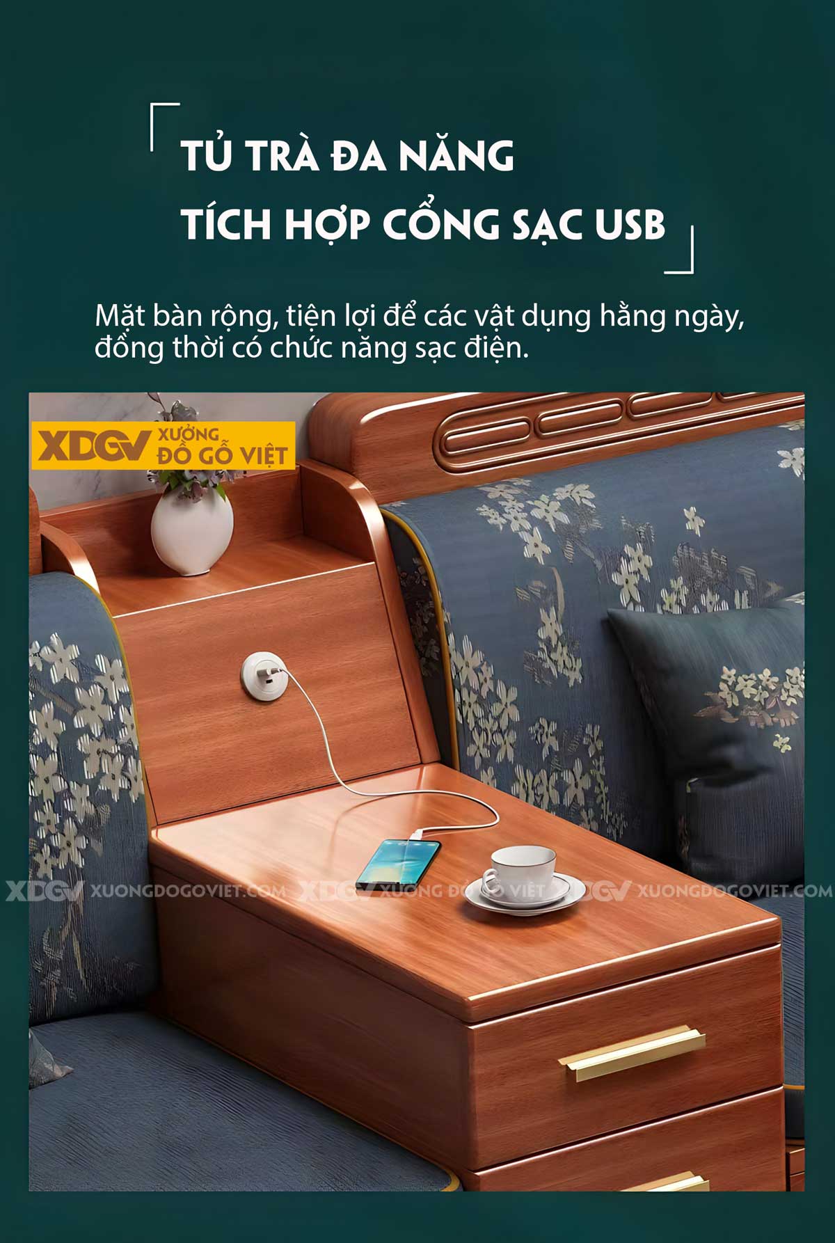 Bộ Sofa Gỗ Sồi Hiện Đại Á Đông Tay Tựa Ngăn Kéo Tiện Lợi