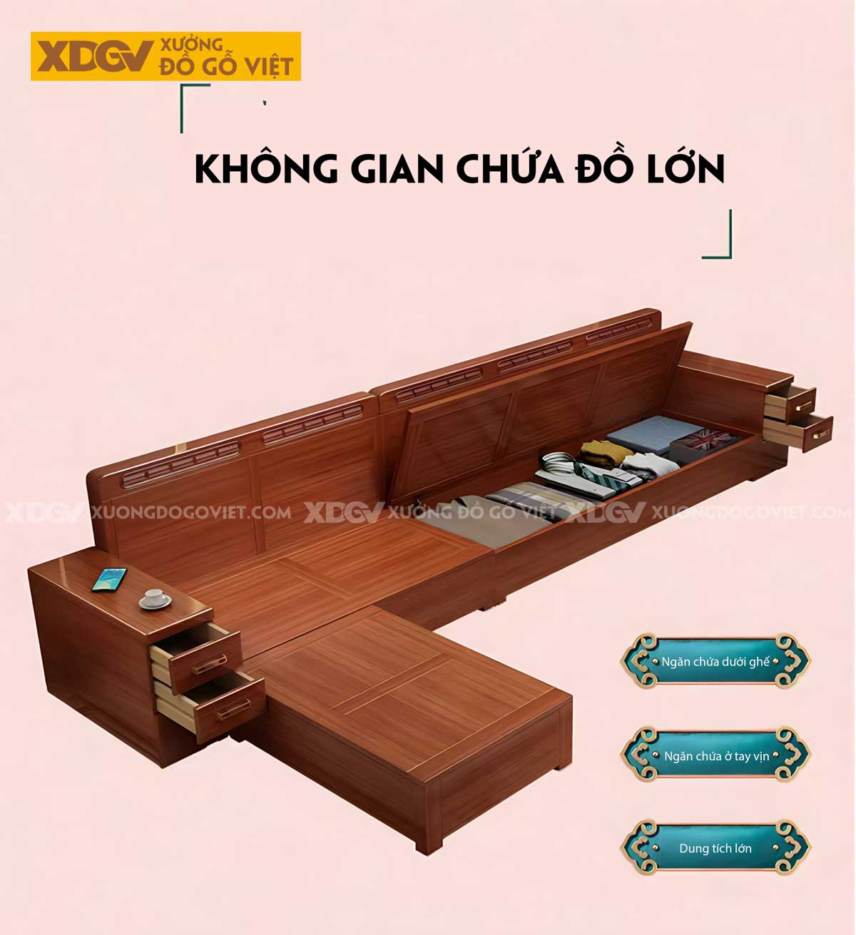 Bộ Sofa Gỗ Sồi Hiện Đại Á Đông Tay Tựa Ngăn Kéo Tiện Lợi