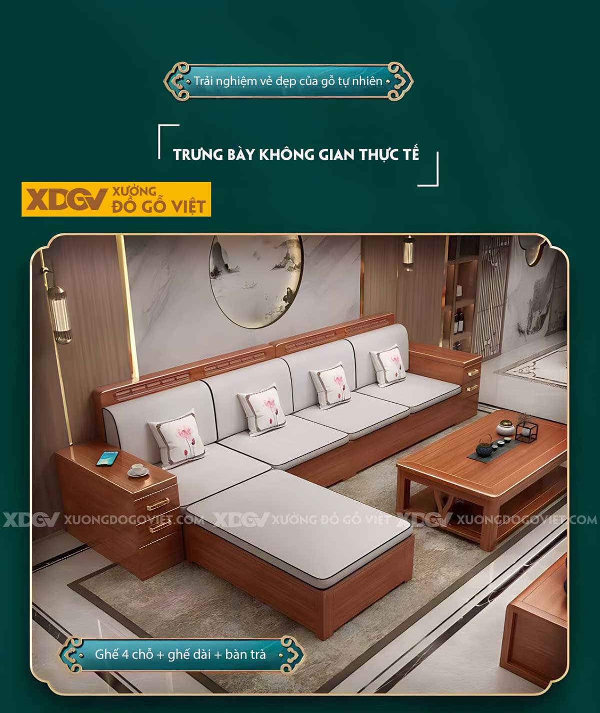 Bộ Sofa Gỗ Sồi Hiện Đại Á Đông Tay Tựa Ngăn Kéo Tiện Lợi