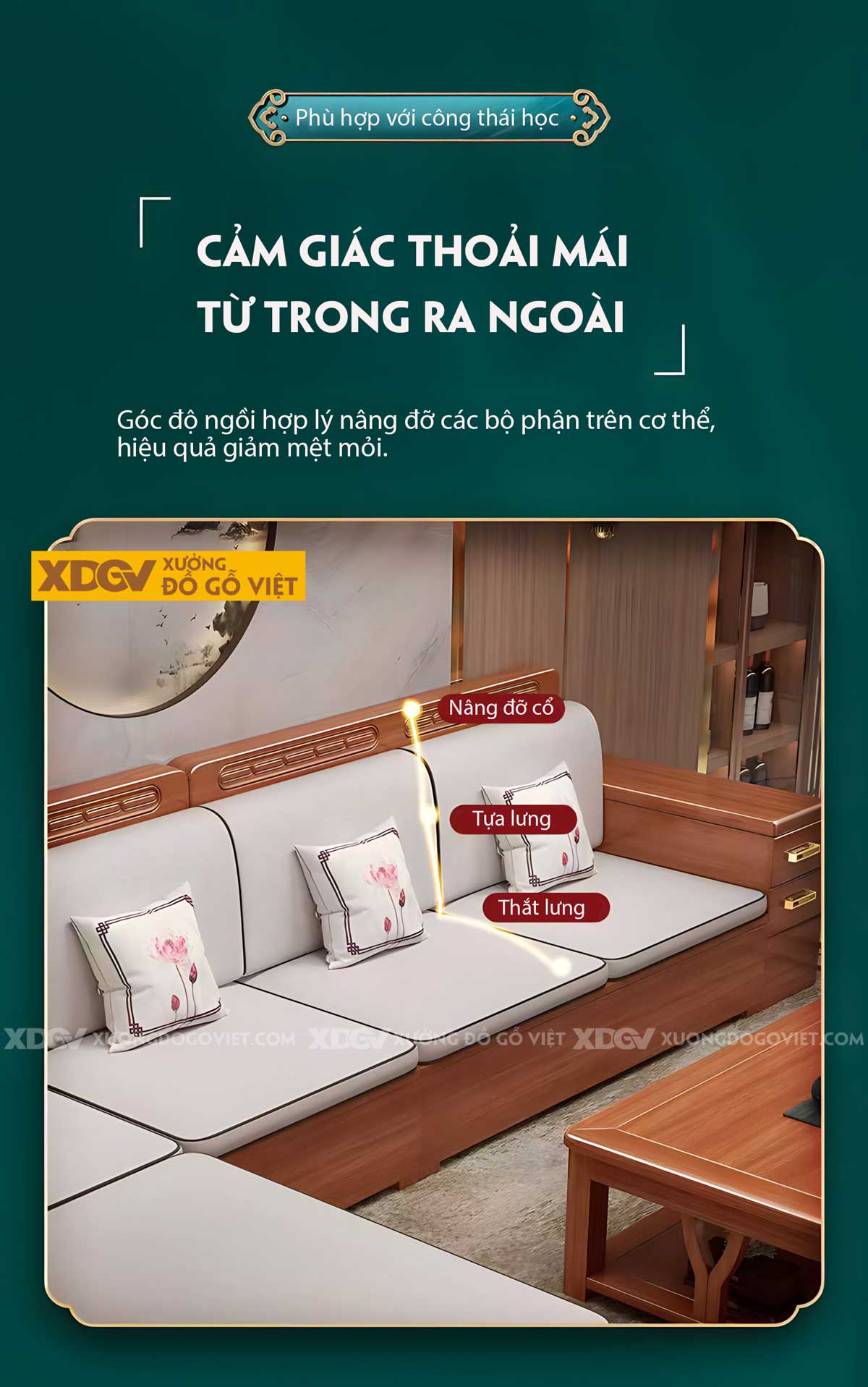 Bộ Sofa Gỗ Sồi Hiện Đại Á Đông Tay Tựa Ngăn Kéo Tiện Lợi