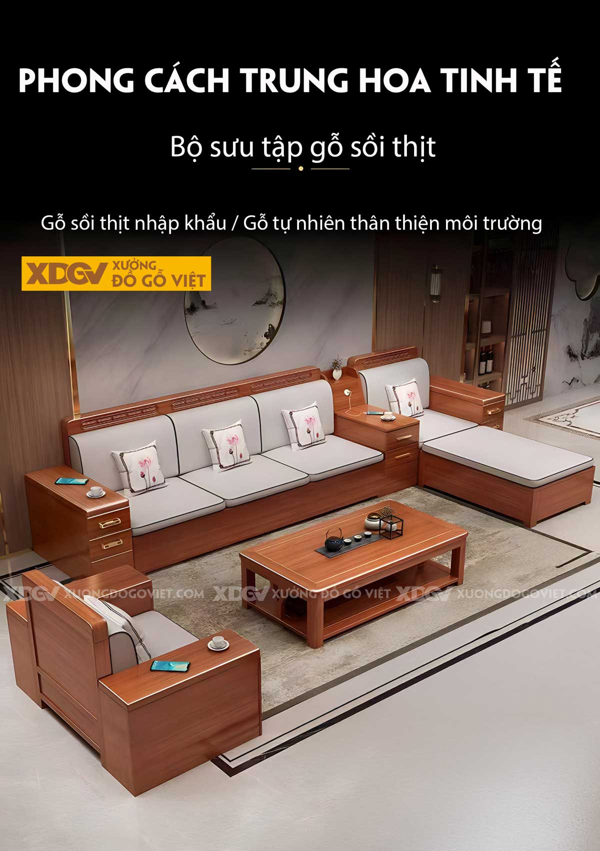Bộ Sofa Gỗ Sồi Hiện Đại Á Đông Tay Tựa Ngăn Kéo Tiện Lợi