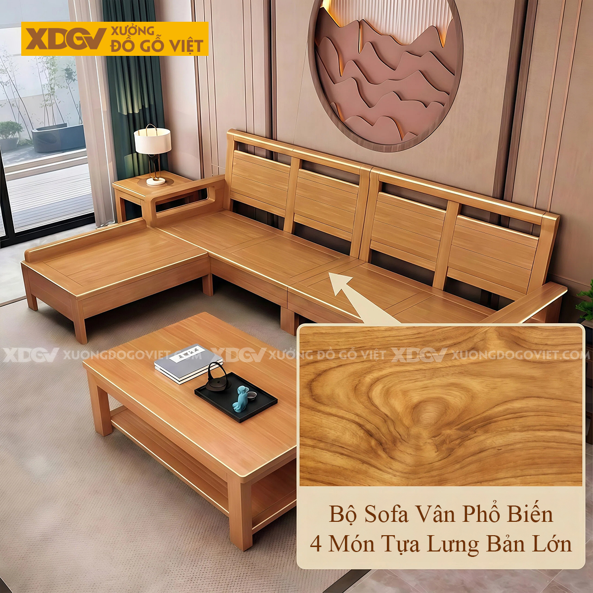 Bộ Sofa Gỗ Sồi Mỹ 4 Món Tựa Lưng Bảng Lớn