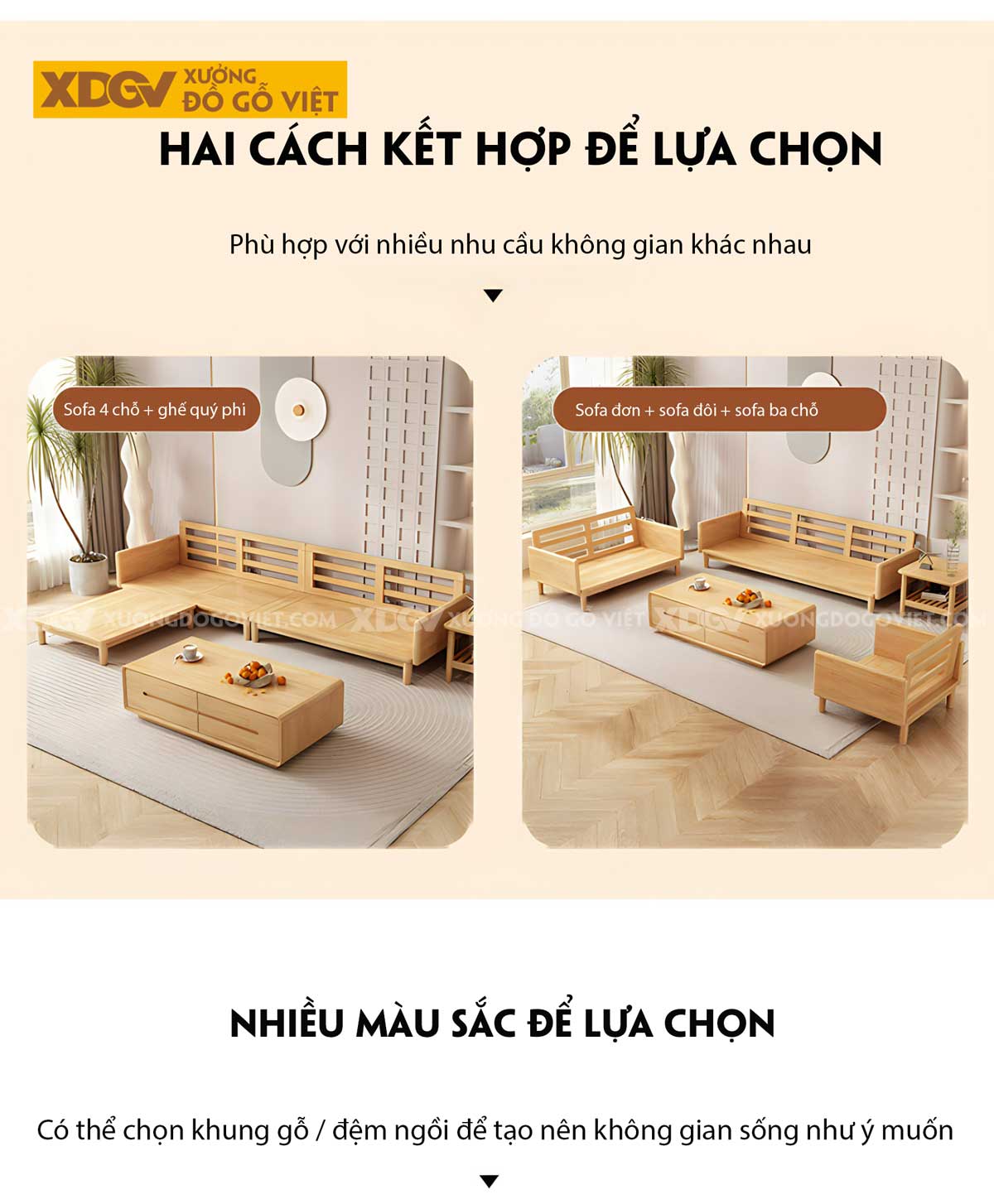 Bộ Sofa Gỗ Sồi Phòng Khách Japandi Nệm Cao Cấp Bao Tay Tựa