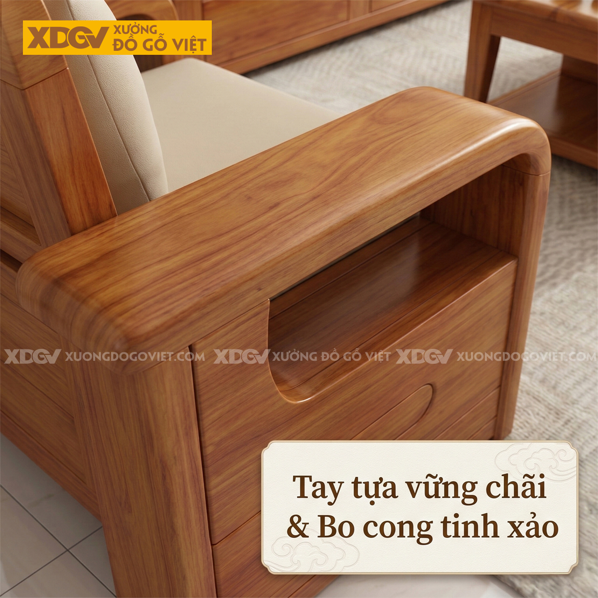 Bộ Sofa Góc L Phòng Khách Gỗ Lim Tựa Thoáng Khí Họa Tiết Sọc