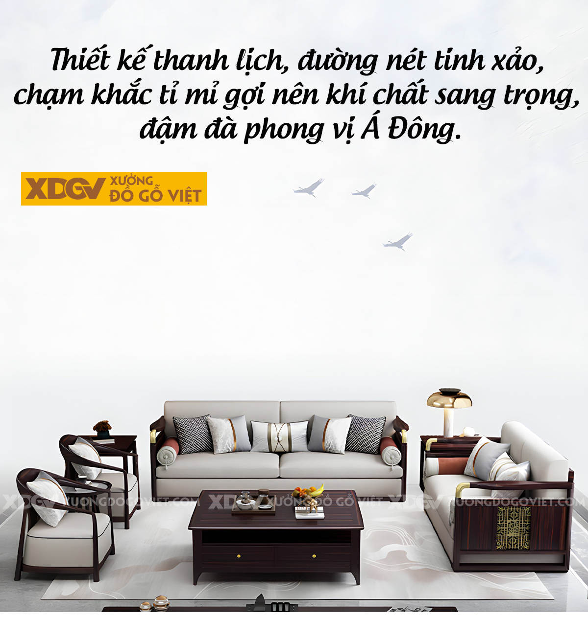Bộ Sofa Lim Phòng Khách Hiện Đại Á Đông Chân Bệt Dáng Thấp