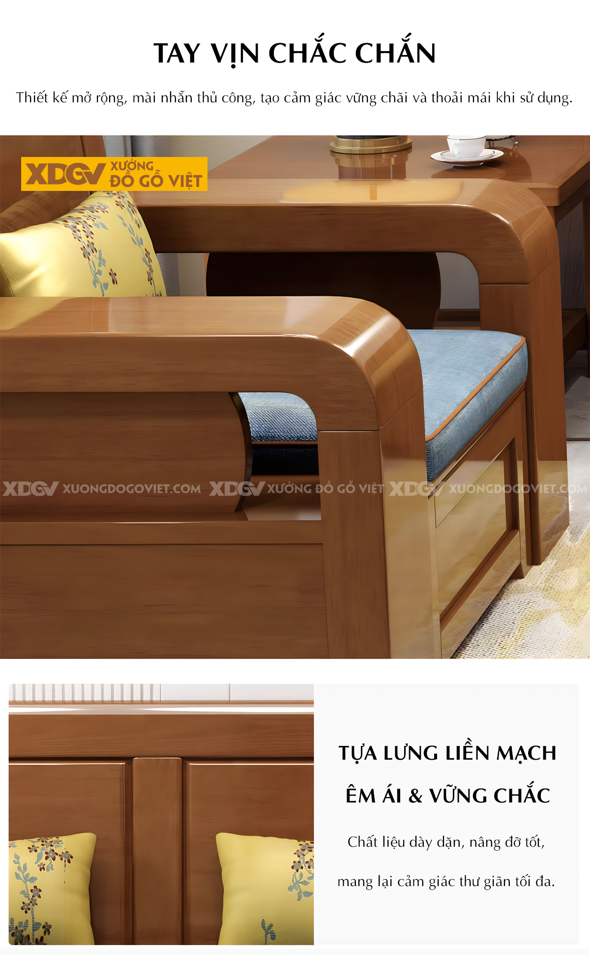 Bộ Sofa Phòng Khách Căm Xe Tự Nhiên Lưng Gỗ Tấm Pano Đẹp