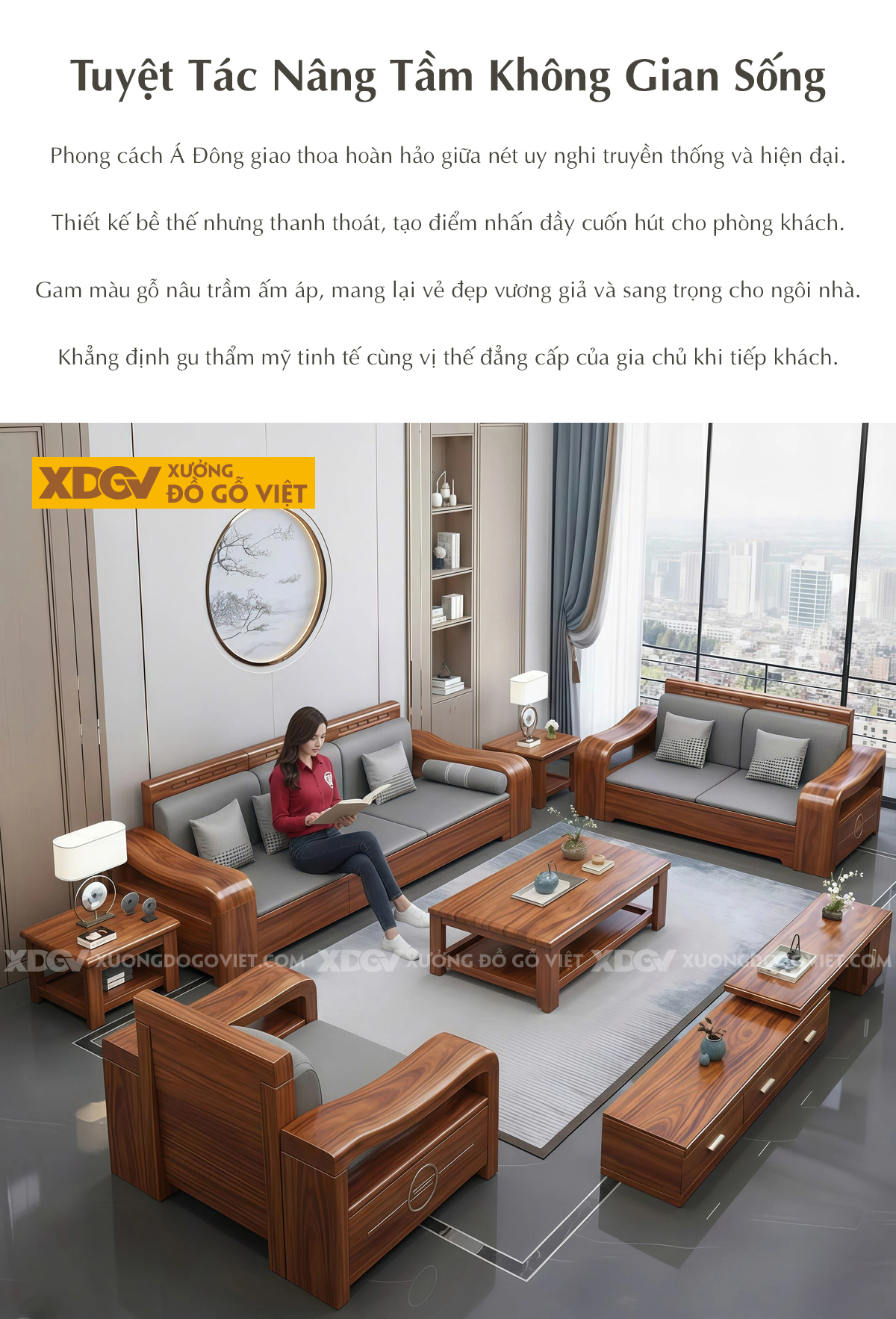 Bộ Sofa Phòng Khách Gỗ Gõ Đỏ Tay Cong Nghệ Thuật Độc Đáo