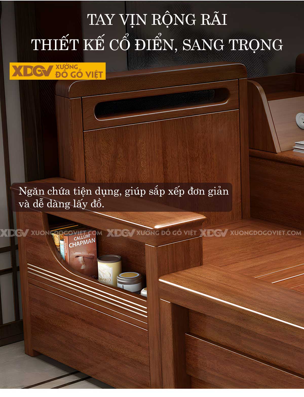 Bộ Sofa Phòng Khách Gỗ Gõ Đỏ Tay Dày Tích Hợp Ngăn Chứa Đồ