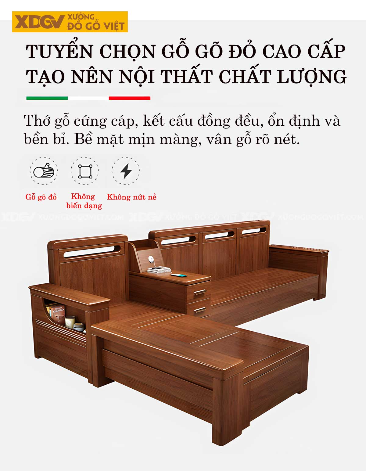 Bộ Sofa Phòng Khách Gỗ Gõ Đỏ Tay Dày Tích Hợp Ngăn Chứa Đồ