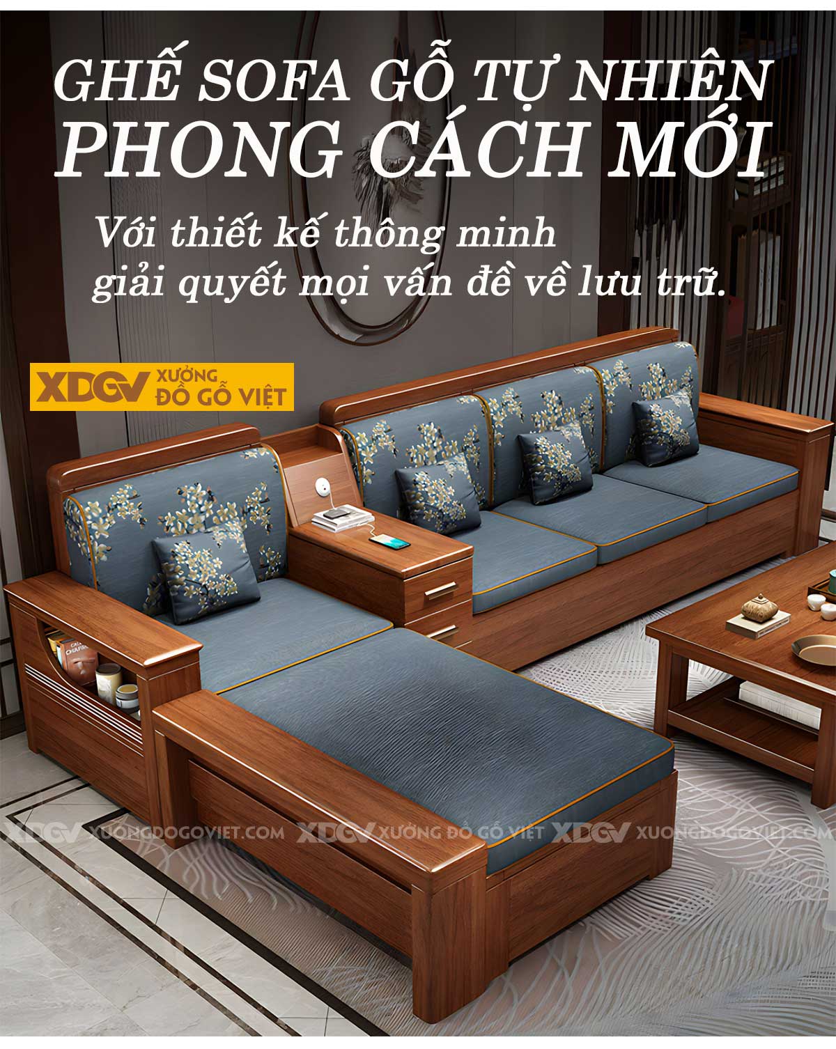 Bộ Sofa Phòng Khách Gỗ Gõ Đỏ Tay Dày Tích Hợp Ngăn Chứa Đồ