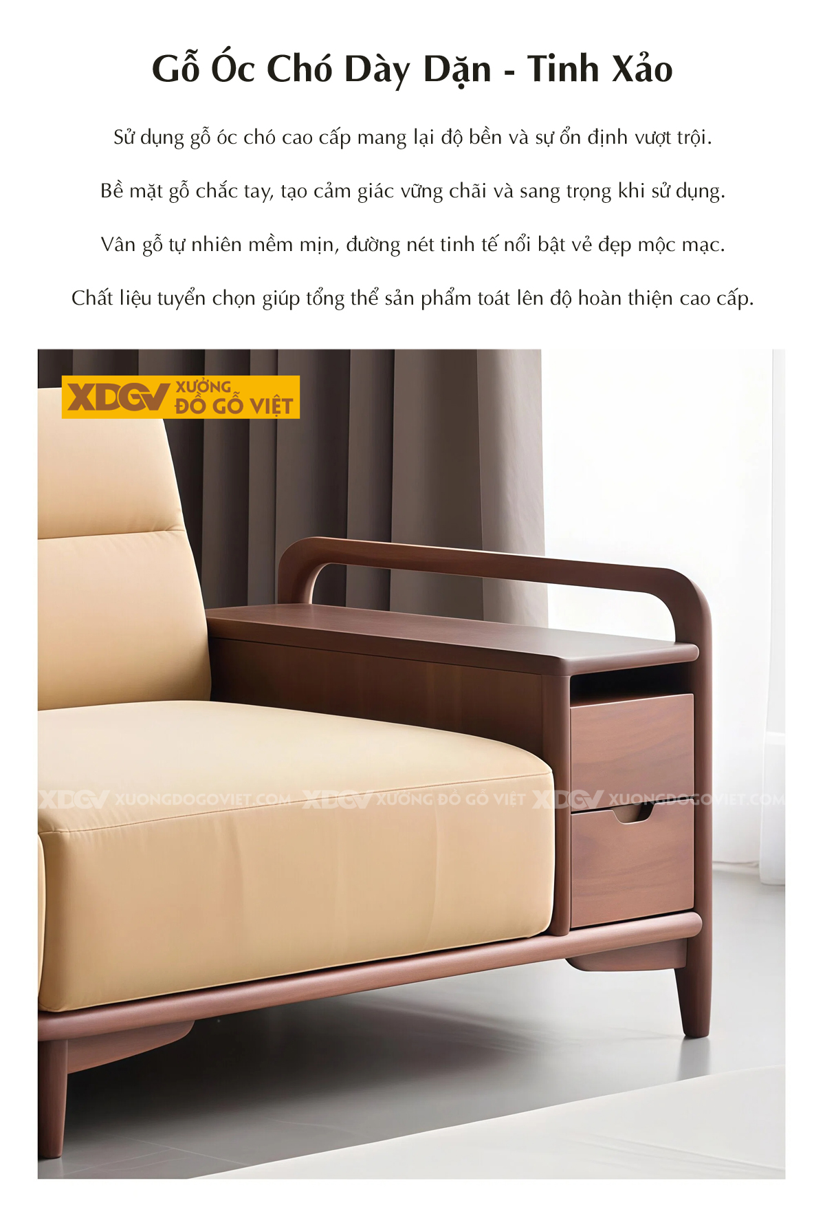 Bộ Sofa Phòng Khách Gỗ Óc Chó Tay Vịn Bản Lớn Dạng Hộp Vuông