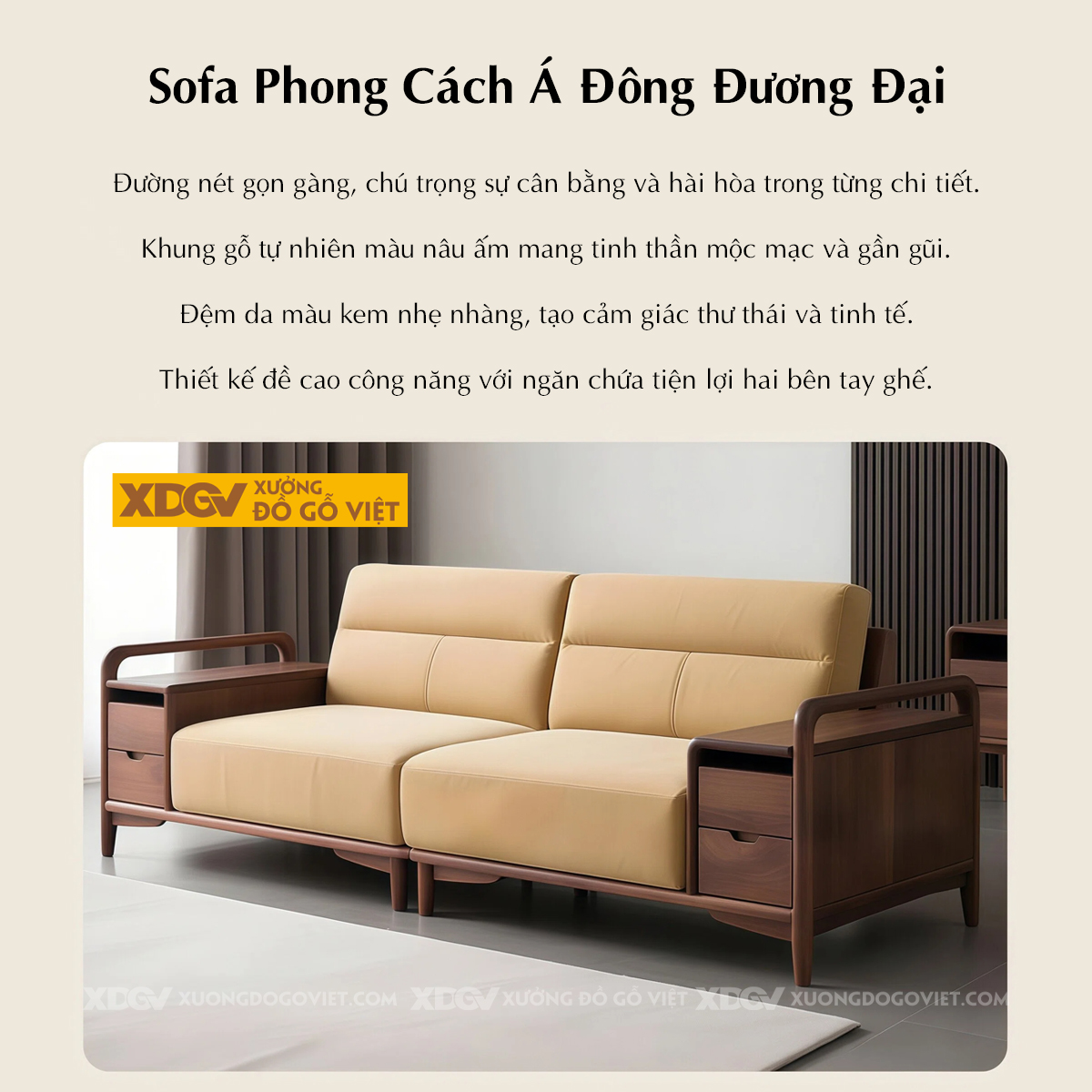 Bộ Sofa Phòng Khách Gỗ Óc Chó Tay Vịn Bản Lớn Dạng Hộp Vuông