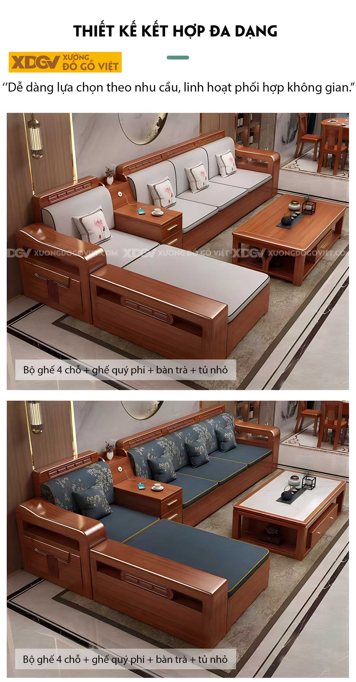 Bộ Sofa Phòng Khách Gỗ Sồi Á Đông Đầu Bo Góc Tay Uốn Lượn