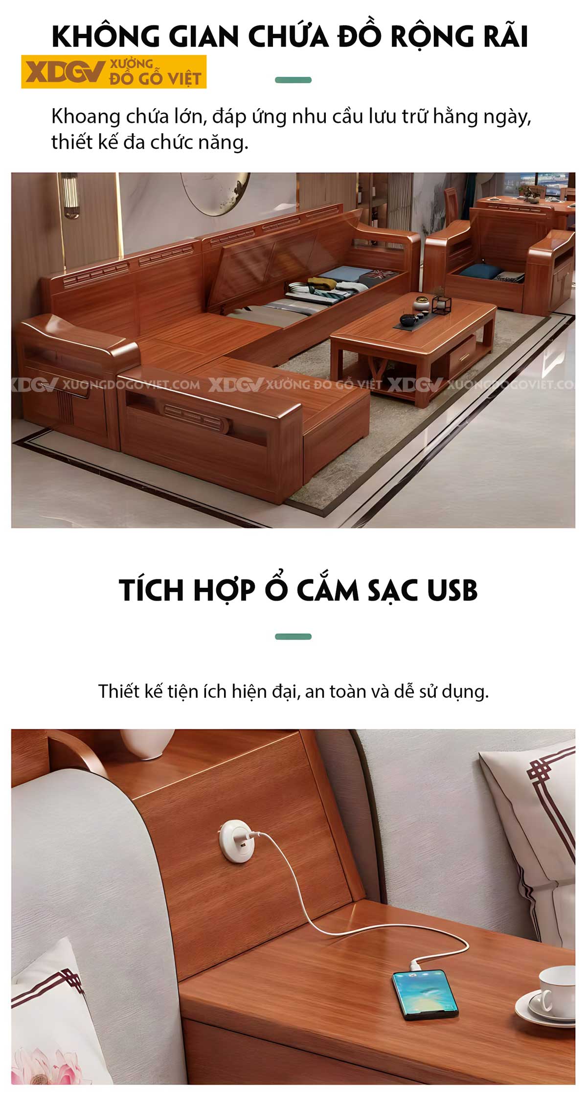 Bộ Sofa Phòng Khách Gỗ Sồi Á Đông Đầu Bo Góc Tay Uốn Lượn