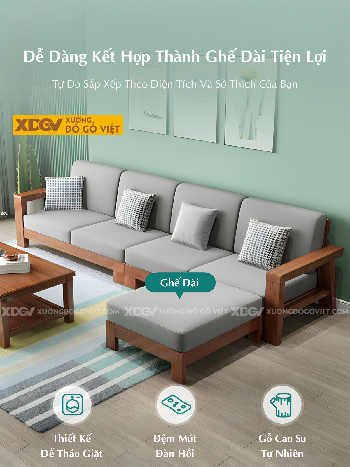 Bộ Sofa Phòng Khách Gỗ Sồi Bọc Nệm Tối Giản Tựa Nan Mới