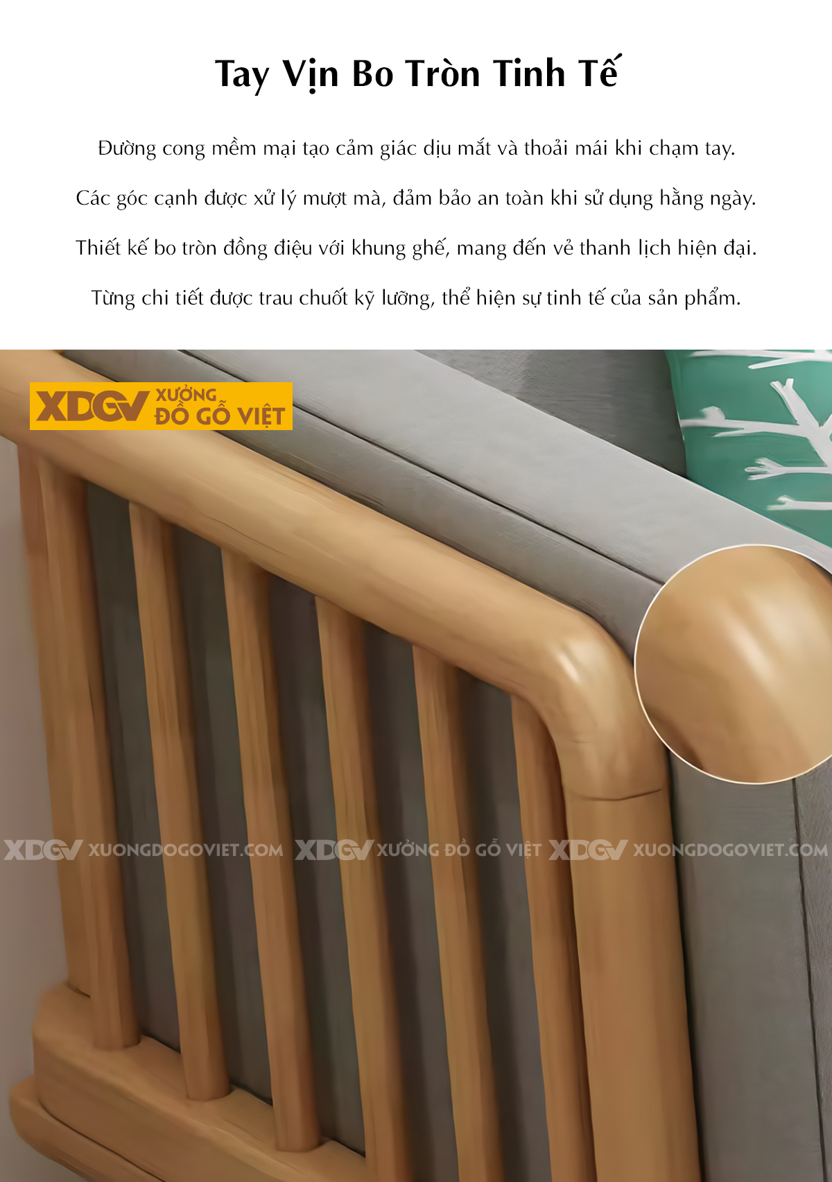Ghế Sofa Phòng Khách Tay Vịn Cao Bo Tròn Khung Nan Lót Nệm