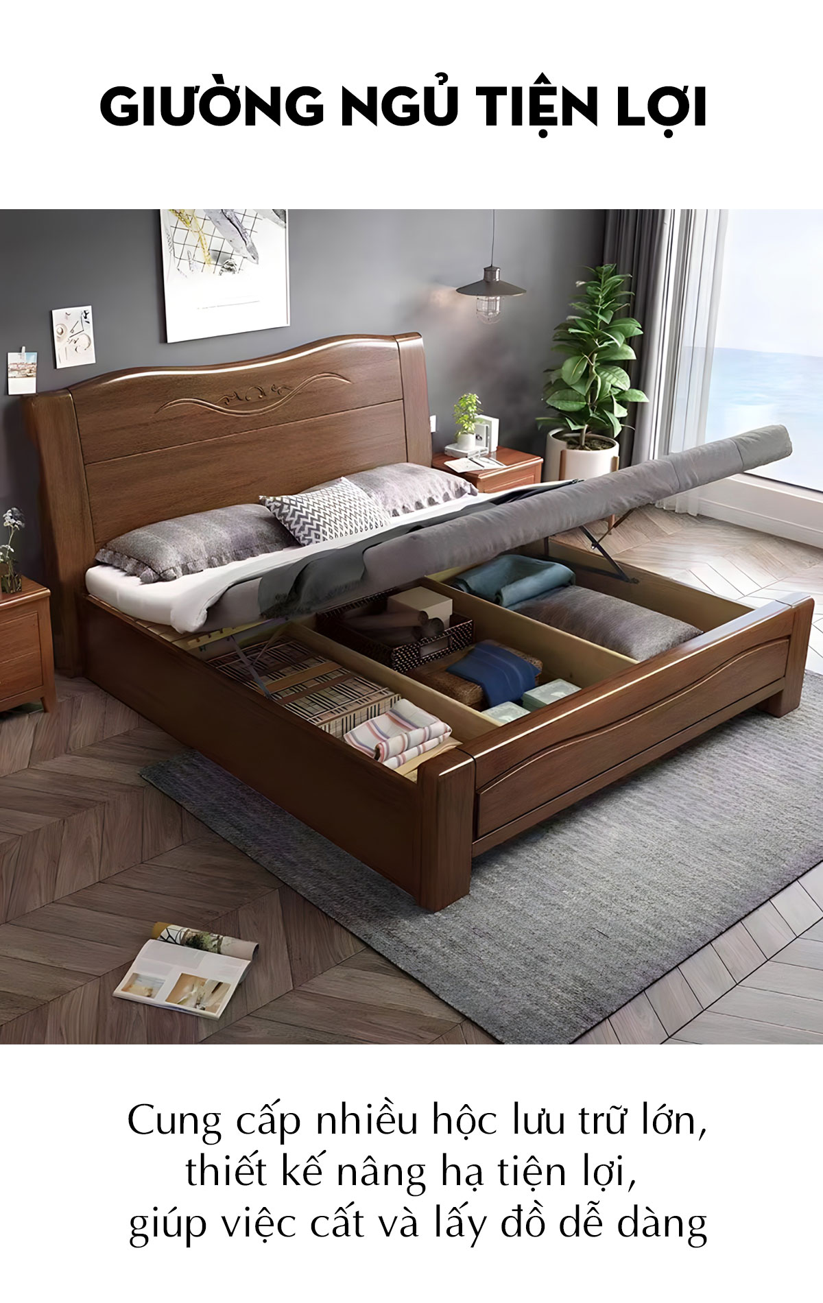 Giường Gỗ Căm Xe Tân Cổ Điển Họa Tiết Chạm Khắc Tinh Xảo