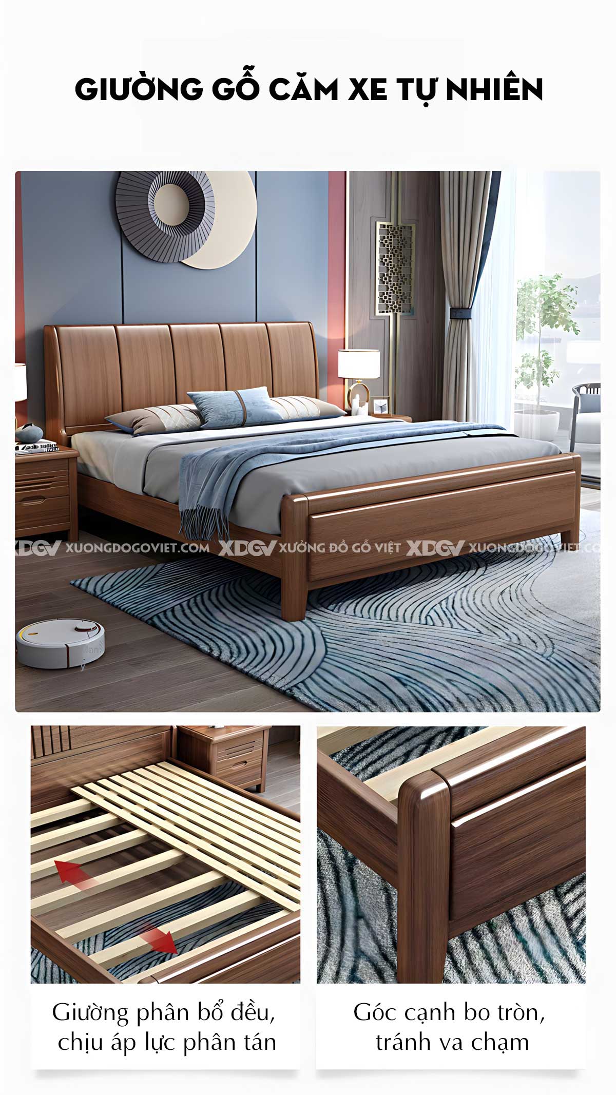 Giường Gỗ Căm Xe Tự Nhiên Đầu Ghép Tấm Dọc Liền Mạch