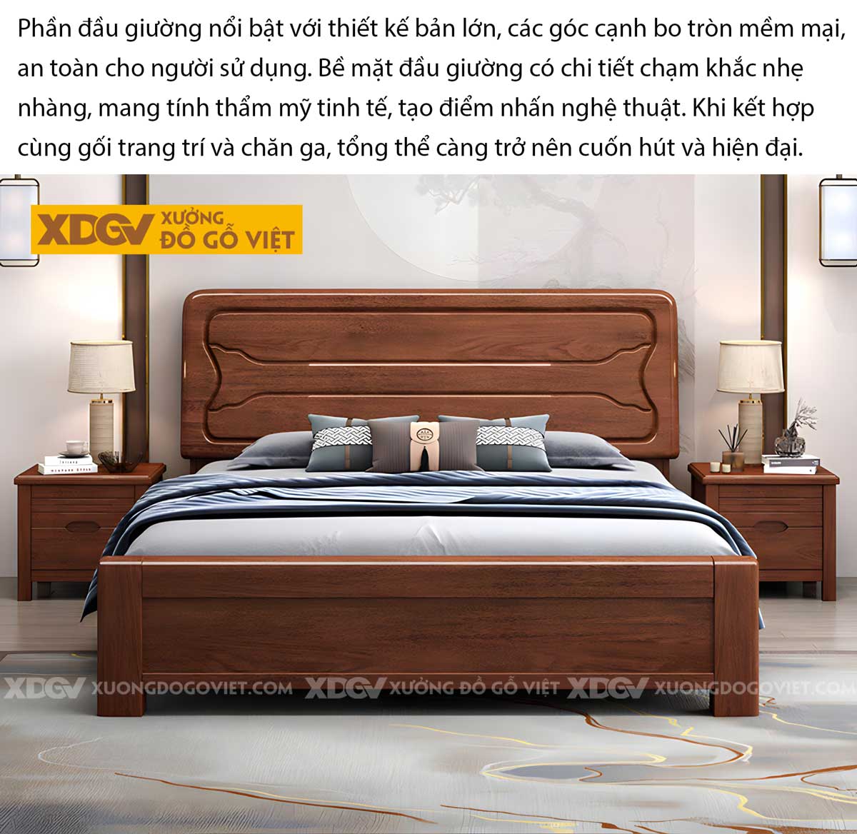 Giường Gỗ Gõ Đỏ Hiện Đại Vững Chãi Kẻ Rãnh Uốn Lượn Độc Đáo