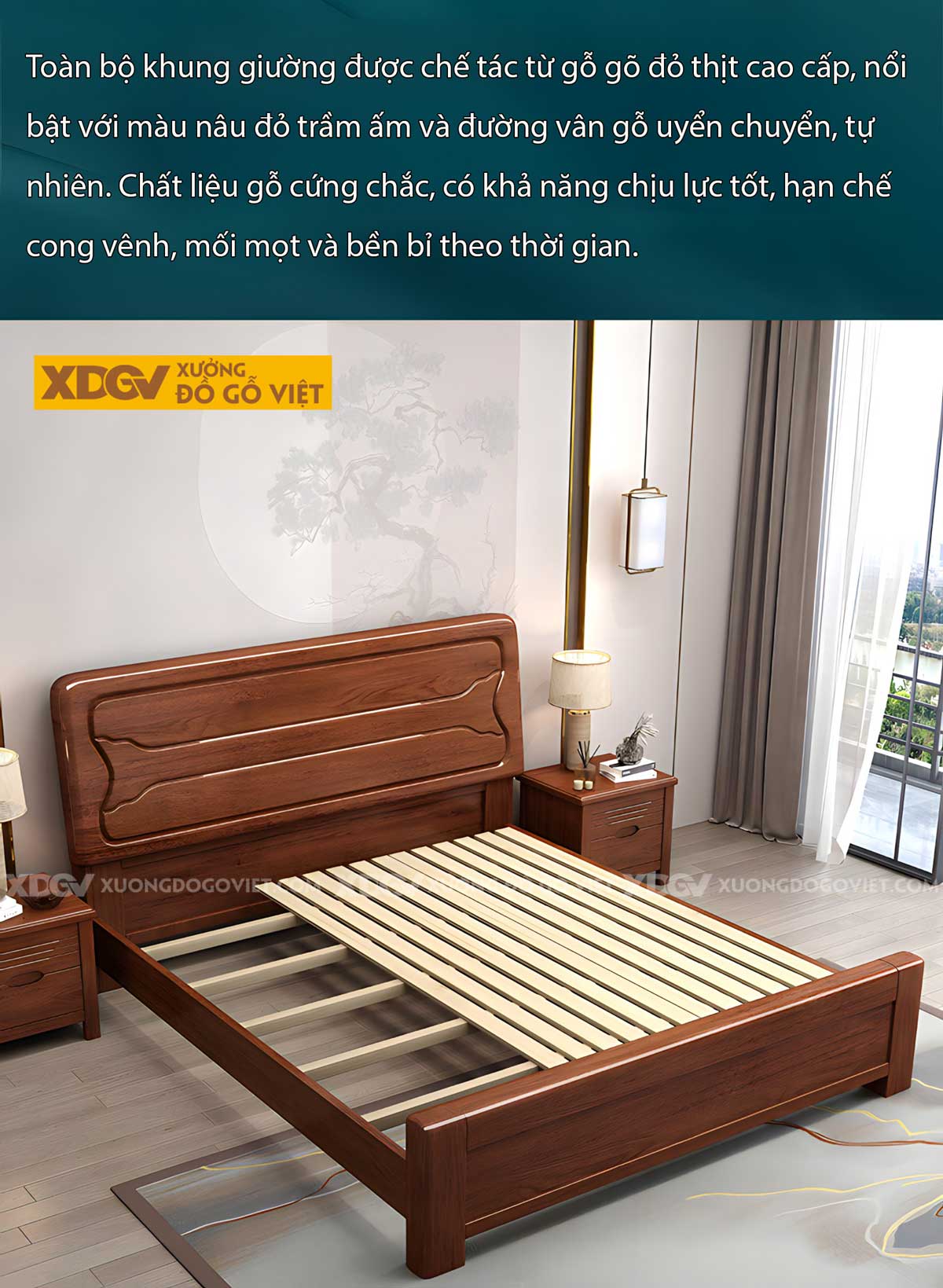 Giường Gỗ Gõ Đỏ Hiện Đại Vững Chãi Kẻ Rãnh Uốn Lượn Độc Đáo
