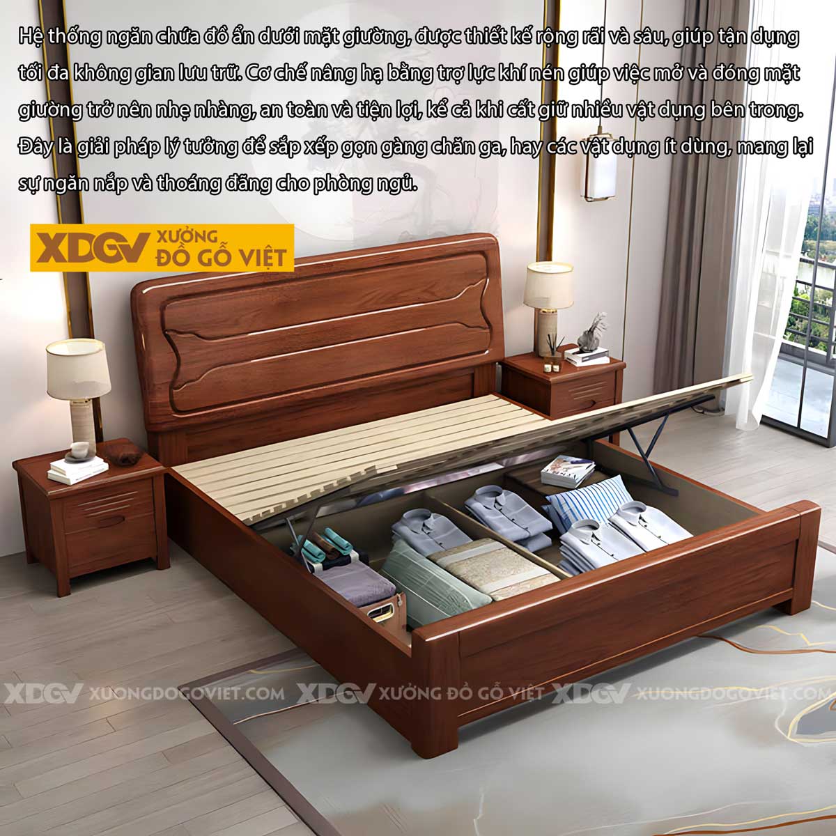 Giường Gỗ Gõ Đỏ Hiện Đại Vững Chãi Kẻ Rãnh Uốn Lượn Độc Đáo