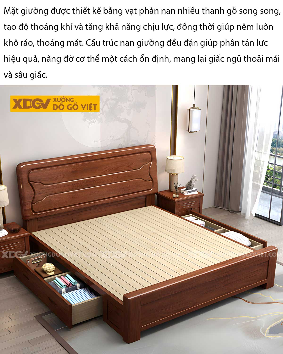 Giường Gỗ Gõ Đỏ Hiện Đại Vững Chãi Kẻ Rãnh Uốn Lượn Độc Đáo