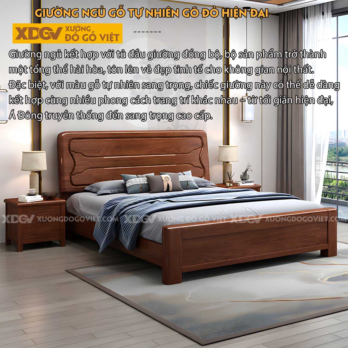 Giường Gỗ Gõ Đỏ Hiện Đại Vững Chãi Kẻ Rãnh Uốn Lượn Độc Đáo