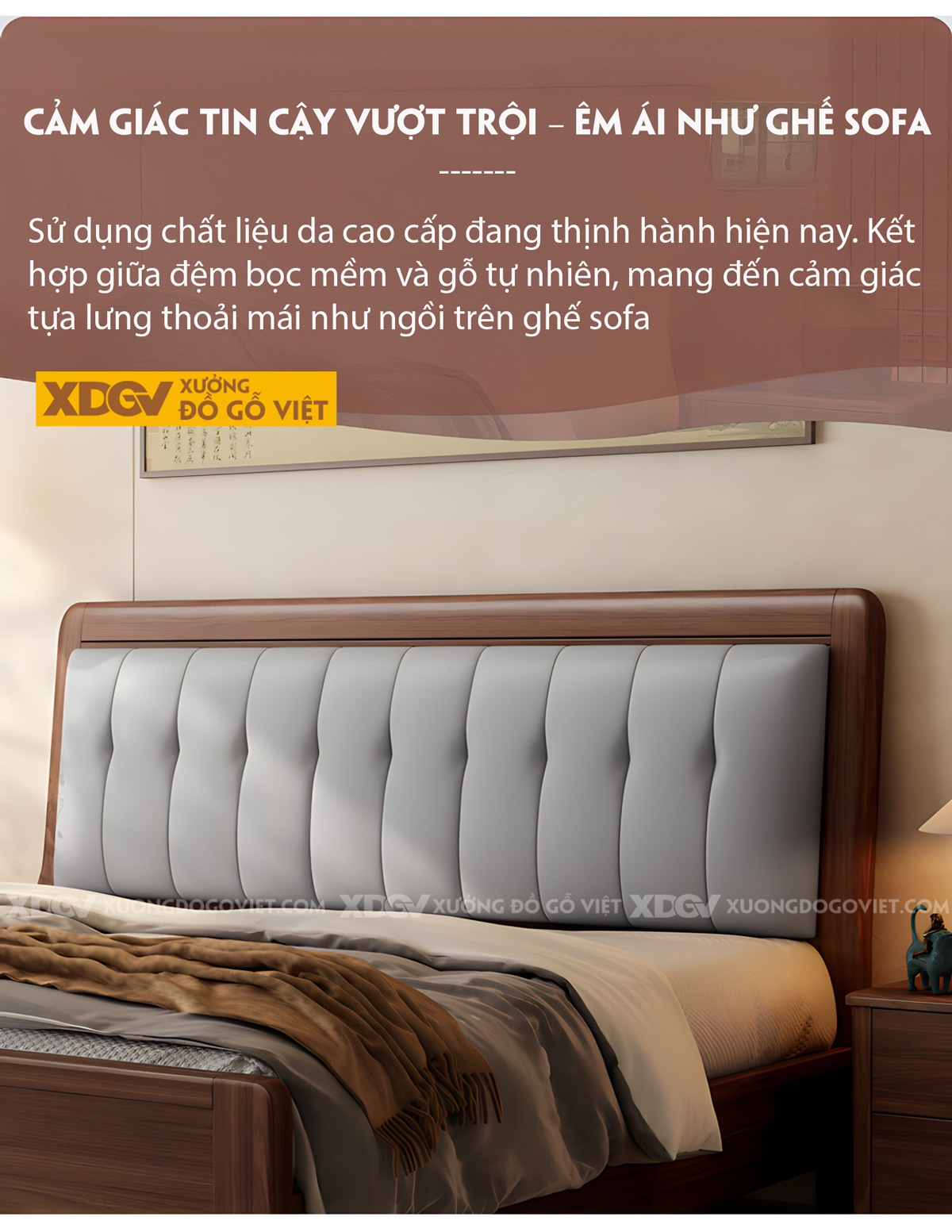 Giường Gỗ Lim Hiện Đại Chân Cao Đầu Ốp Nệm Rút Múi Sọc Dọc