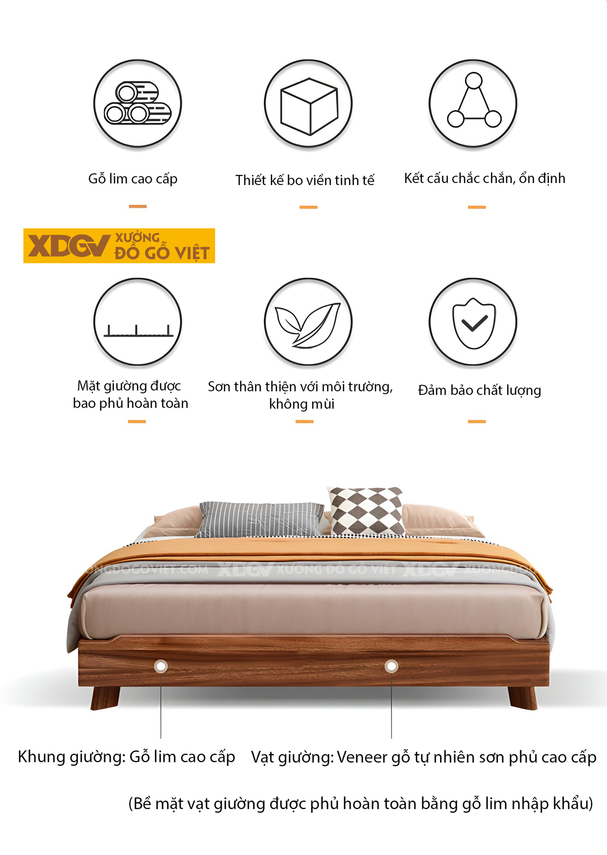 Giường Gỗ Lim Không Đầu Tối Giản Chân Cao Vân Tự Nhiên Đẹp