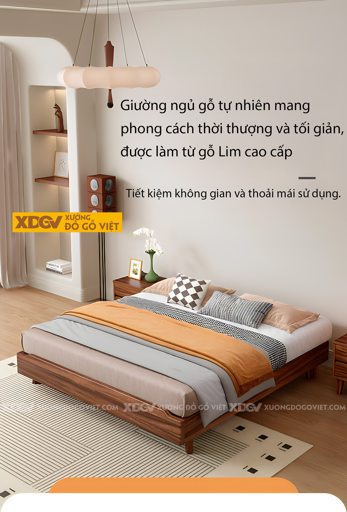 Giường Gỗ Lim Không Đầu Tối Giản Chân Cao Vân Tự Nhiên Đẹp