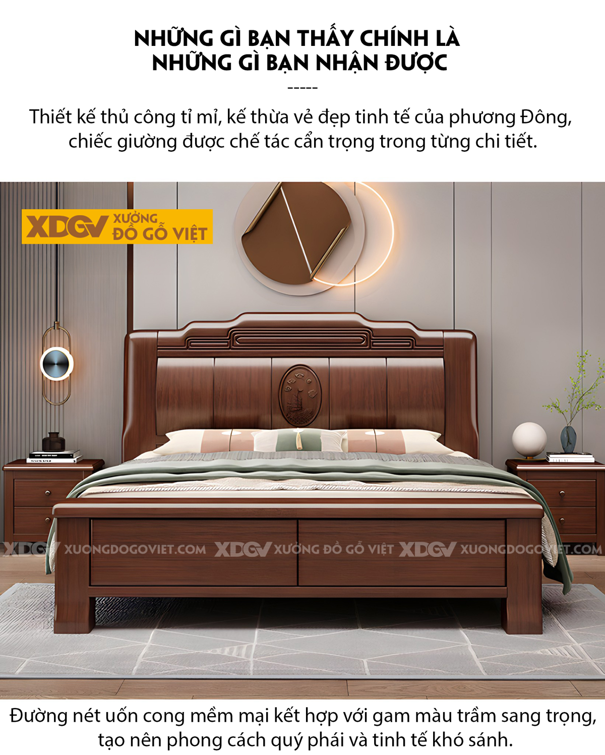 Giường Gỗ Lim Tân Cổ Điển Đầu Uốn Lượn Khung Pano Sọc Dọc