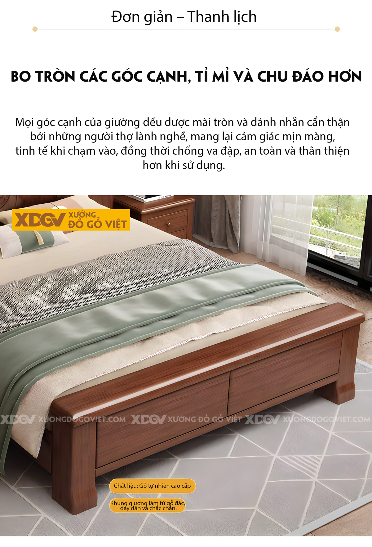 Giường Gỗ Lim Tân Cổ Điển Đầu Uốn Lượn Khung Pano Sọc Dọc