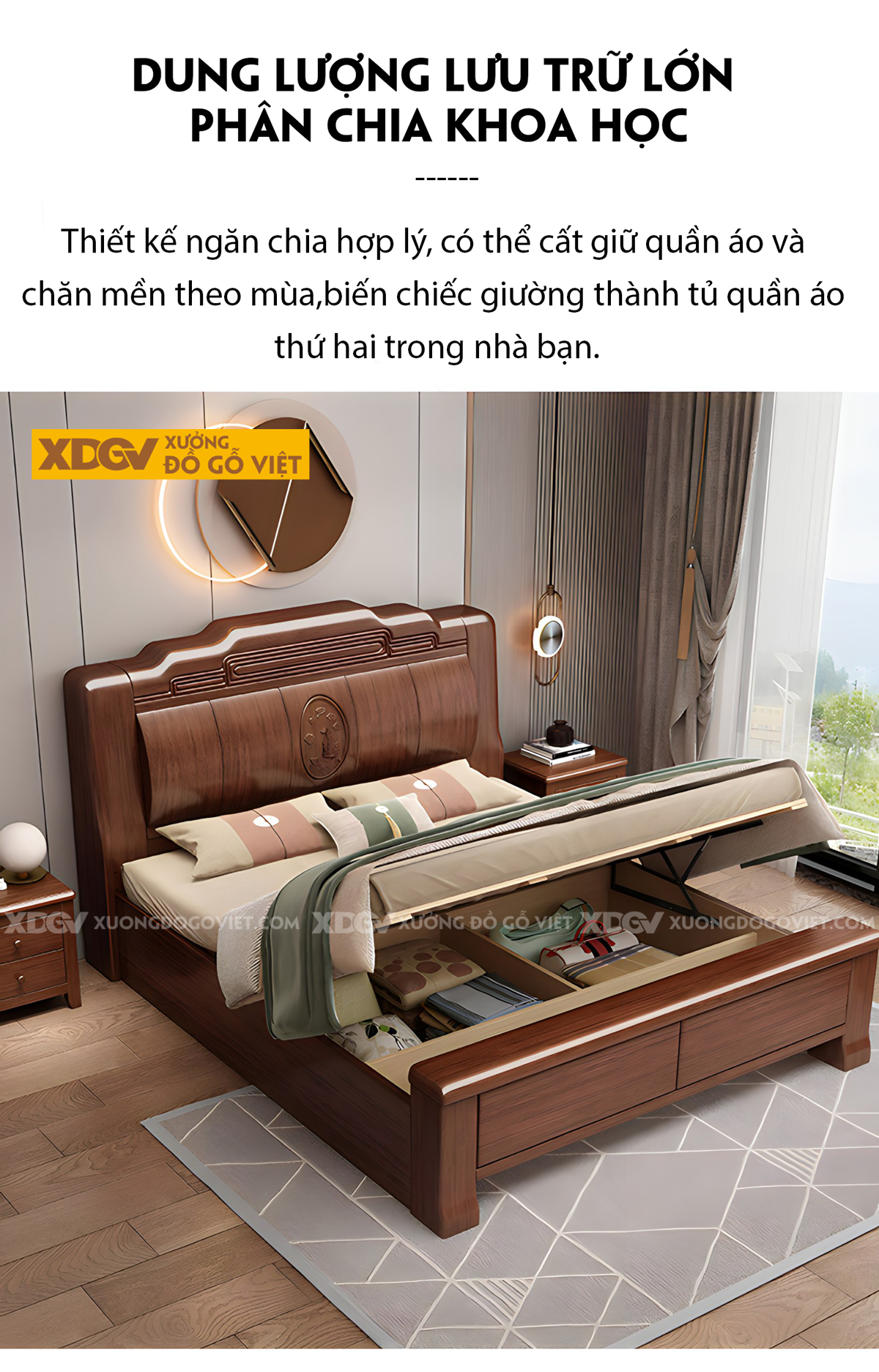 Giường Gỗ Lim Tân Cổ Điển Đầu Uốn Lượn Khung Pano Sọc Dọc