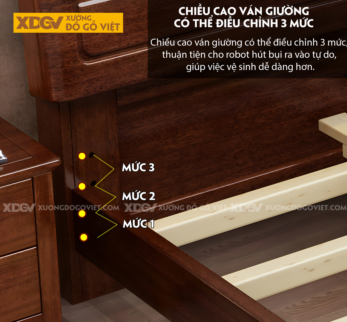 Giường Gỗ Lim Tự Nhiên Bo Góc Đầu Kẻ Chỉ Mỏng Phân Tầng