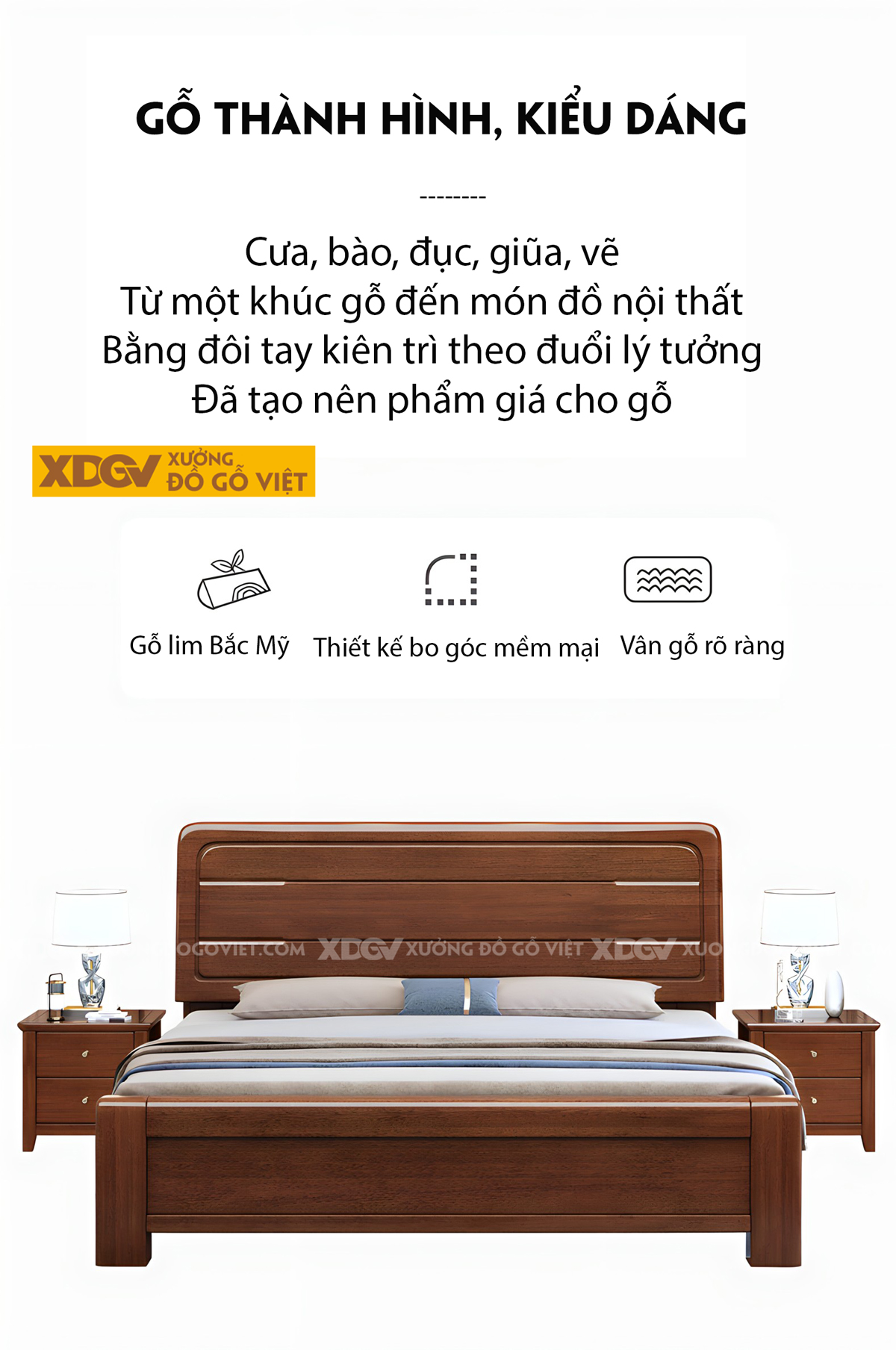 Giường Gỗ Lim Tự Nhiên Bo Góc Đầu Kẻ Chỉ Mỏng Phân Tầng