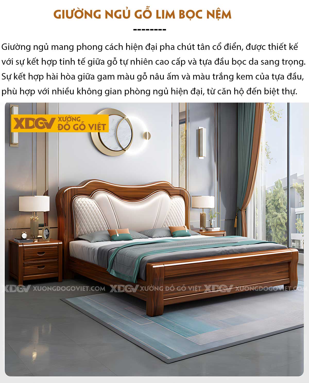 Giường Gỗ Lim Tự Nhiên Tân Cổ Điển Đầu Bọc Nệm Sang Trọng