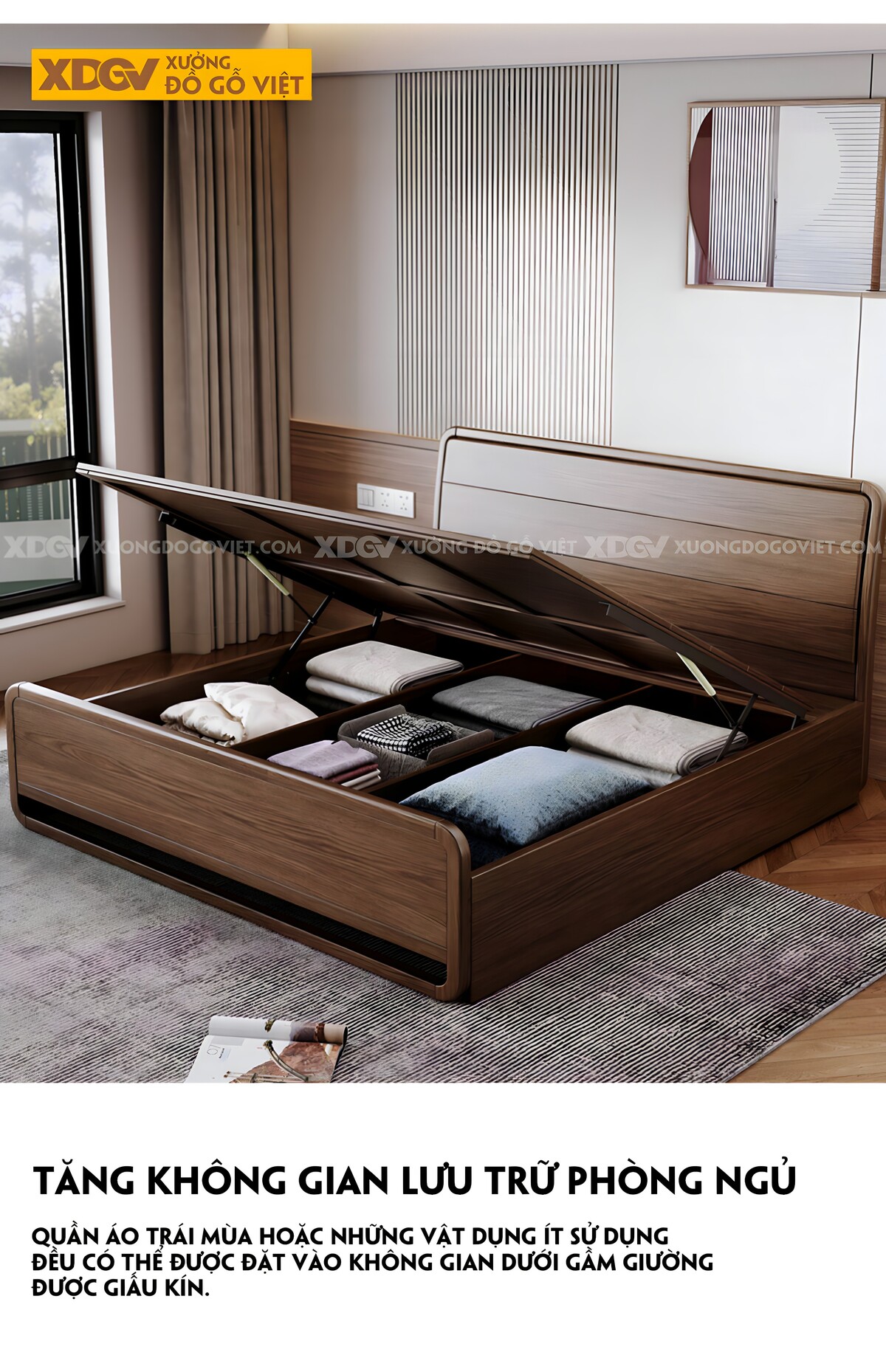 Giường Gỗ Óc Chó Hiện Đại Kết Cấu Liền Mạch Bo Góc Hộc Lật