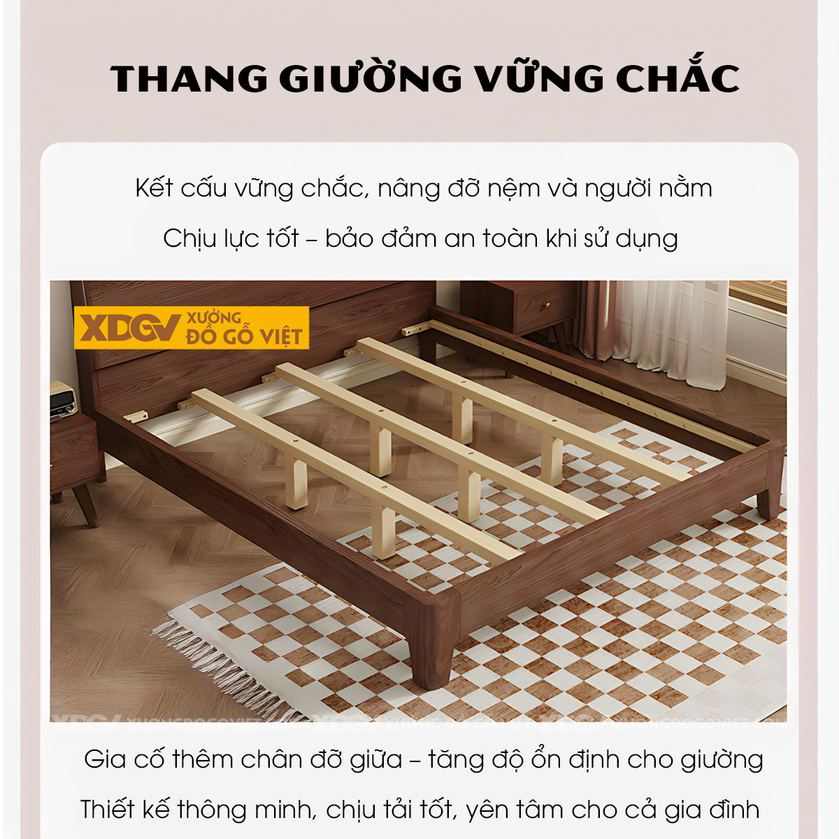 Giường Gỗ Veneer Sồi Japandi Dạng Bệt Có Kệ Sau Đầu Giường