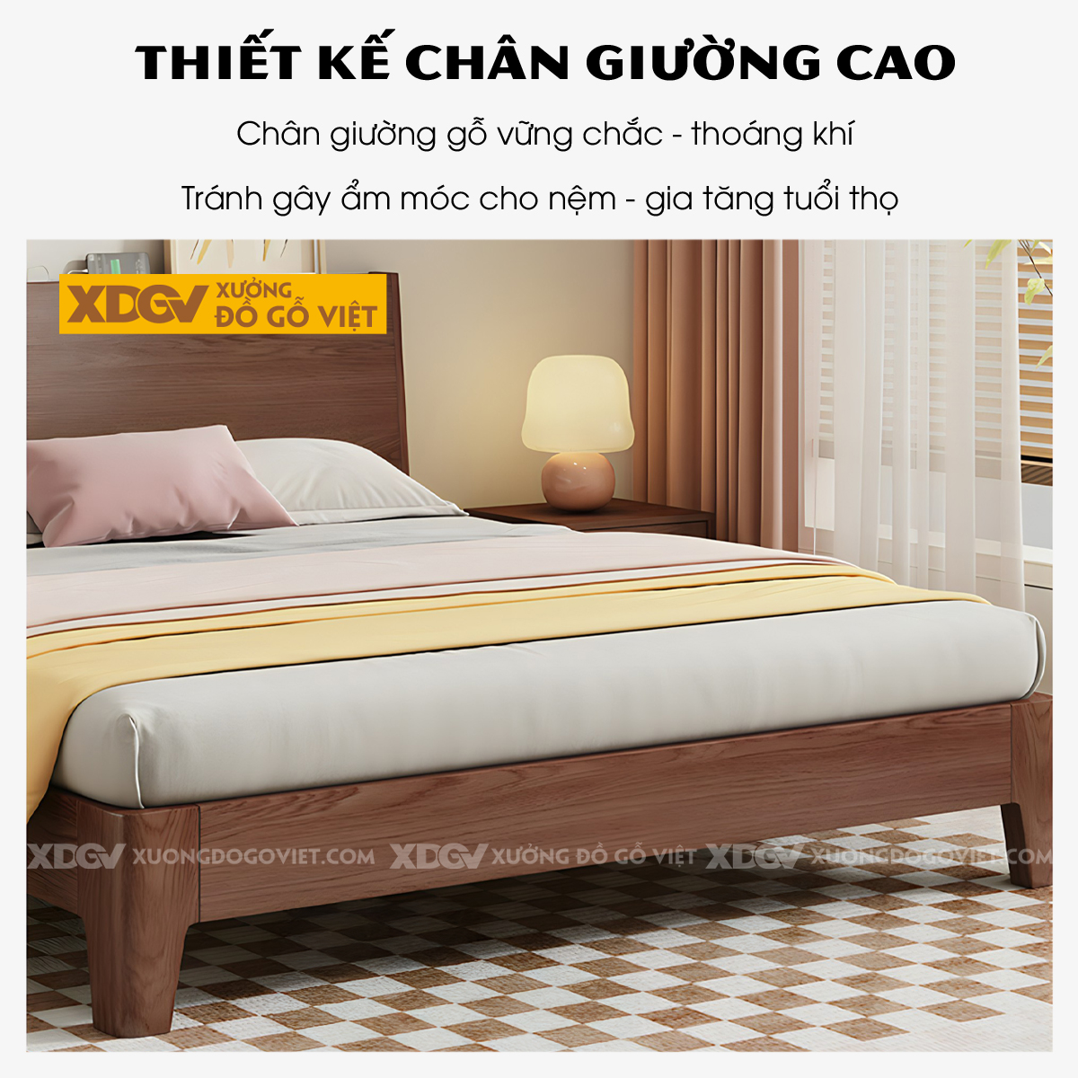 Giường Gỗ Veneer Sồi Japandi Dạng Bệt Có Kệ Sau Đầu Giường