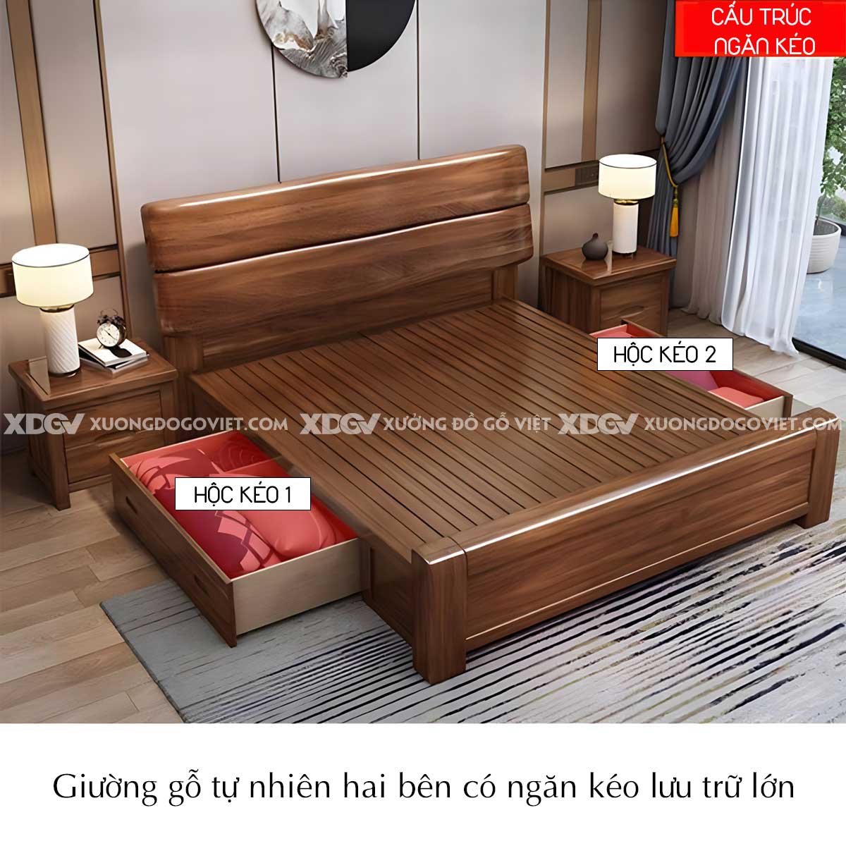 Giường Ngủ Căm Xe Hiện Đại Đầu 2 Tấm Gỗ Nguyên Khối Bo Tròn