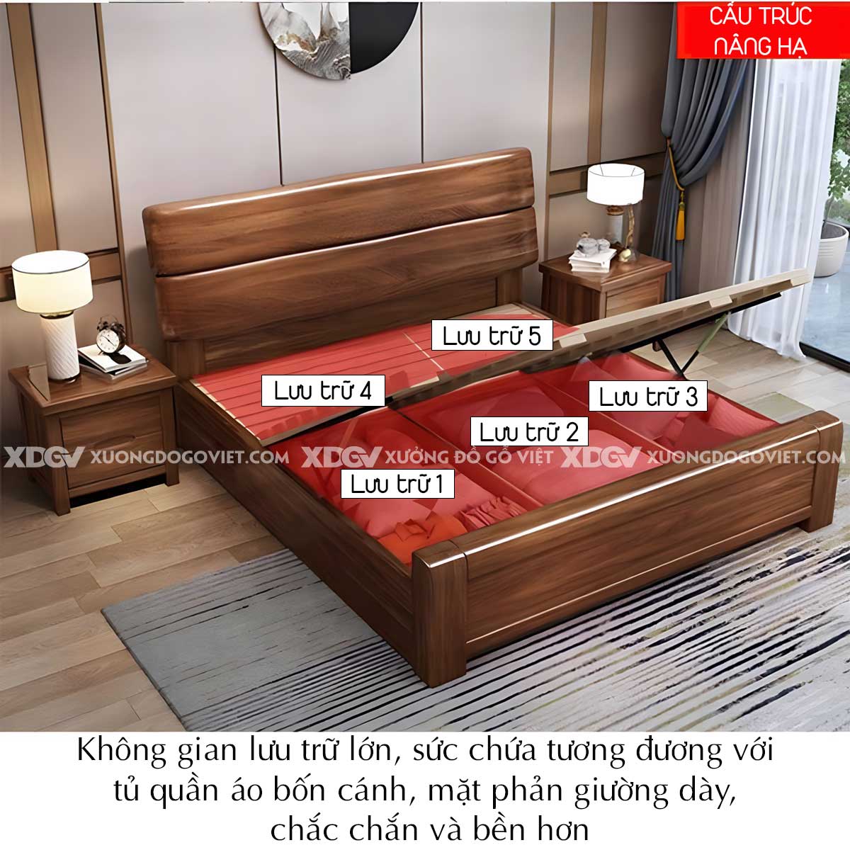 Giường Ngủ Căm Xe Hiện Đại Đầu 2 Tấm Gỗ Nguyên Khối Bo Tròn
