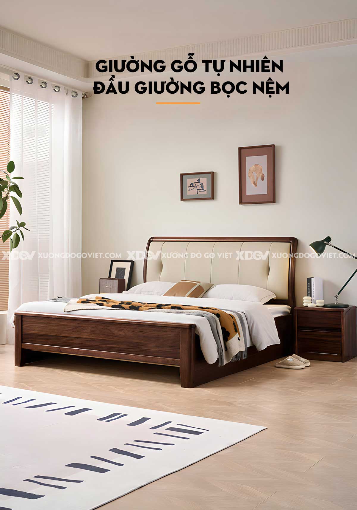 Giường Ngủ Căm Xe Hiện Đại Đầu Bọc Nệm Chỉ Dọc Rút Múi 2 Bên
